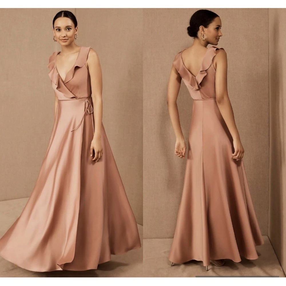 BHLDN Sedona Tansy Satin Charmeuse Ruffle Maxi Wrap Gown Sedona Sunset